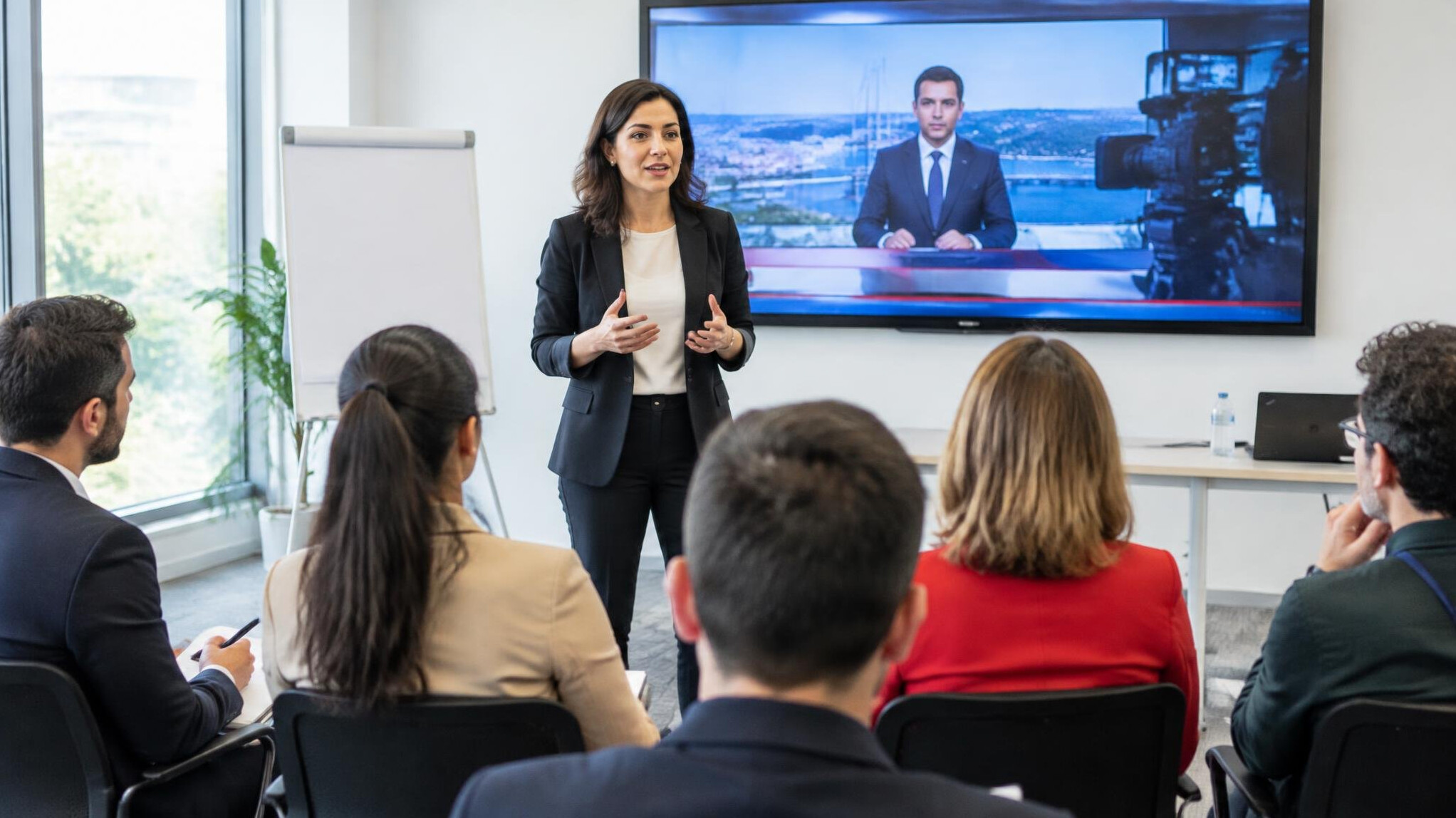 Media trainer coaching a group of Turkish TV presenters in a workshop