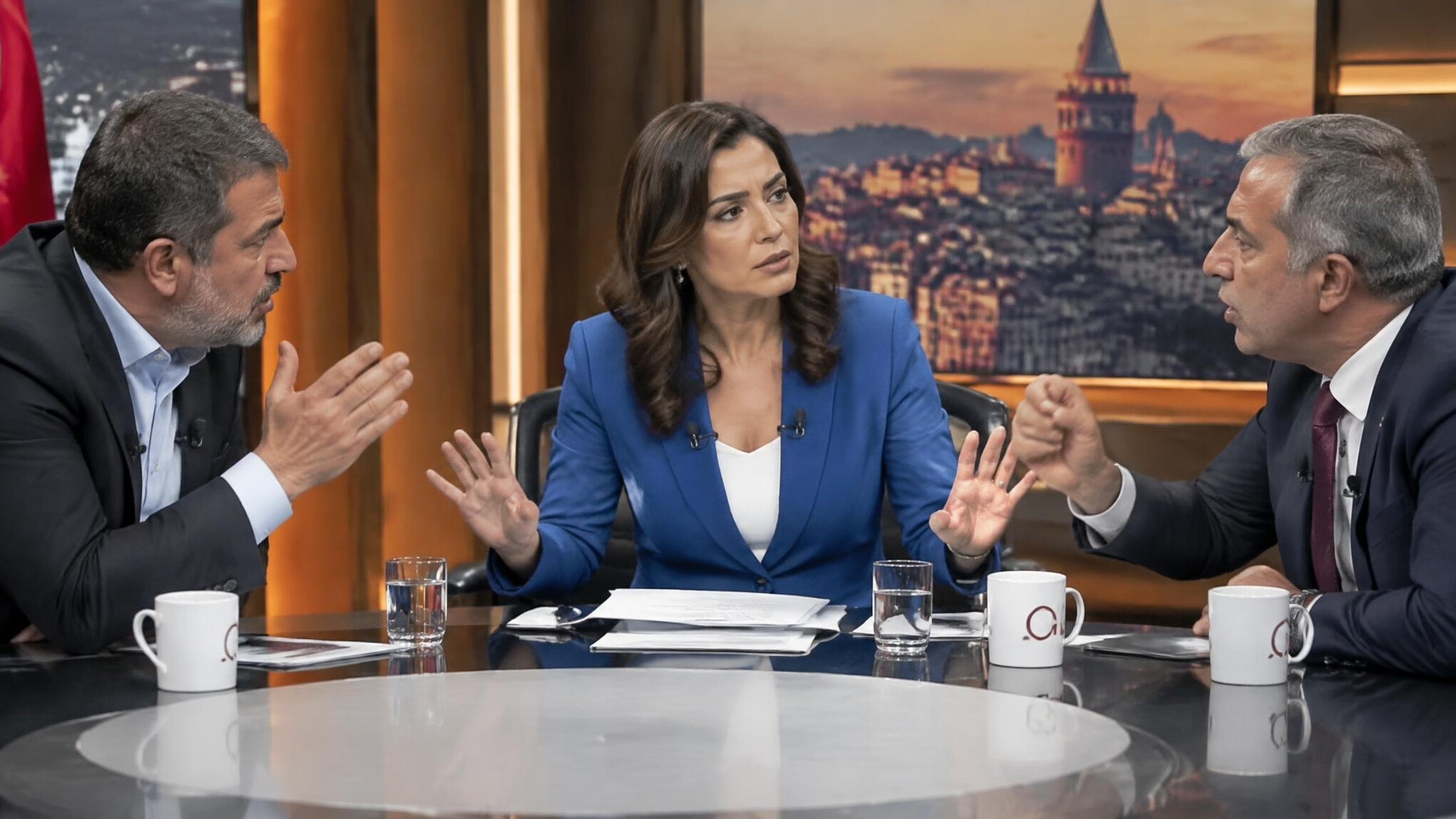 Turkish journalist mediating a heated interview between two guests on live TV