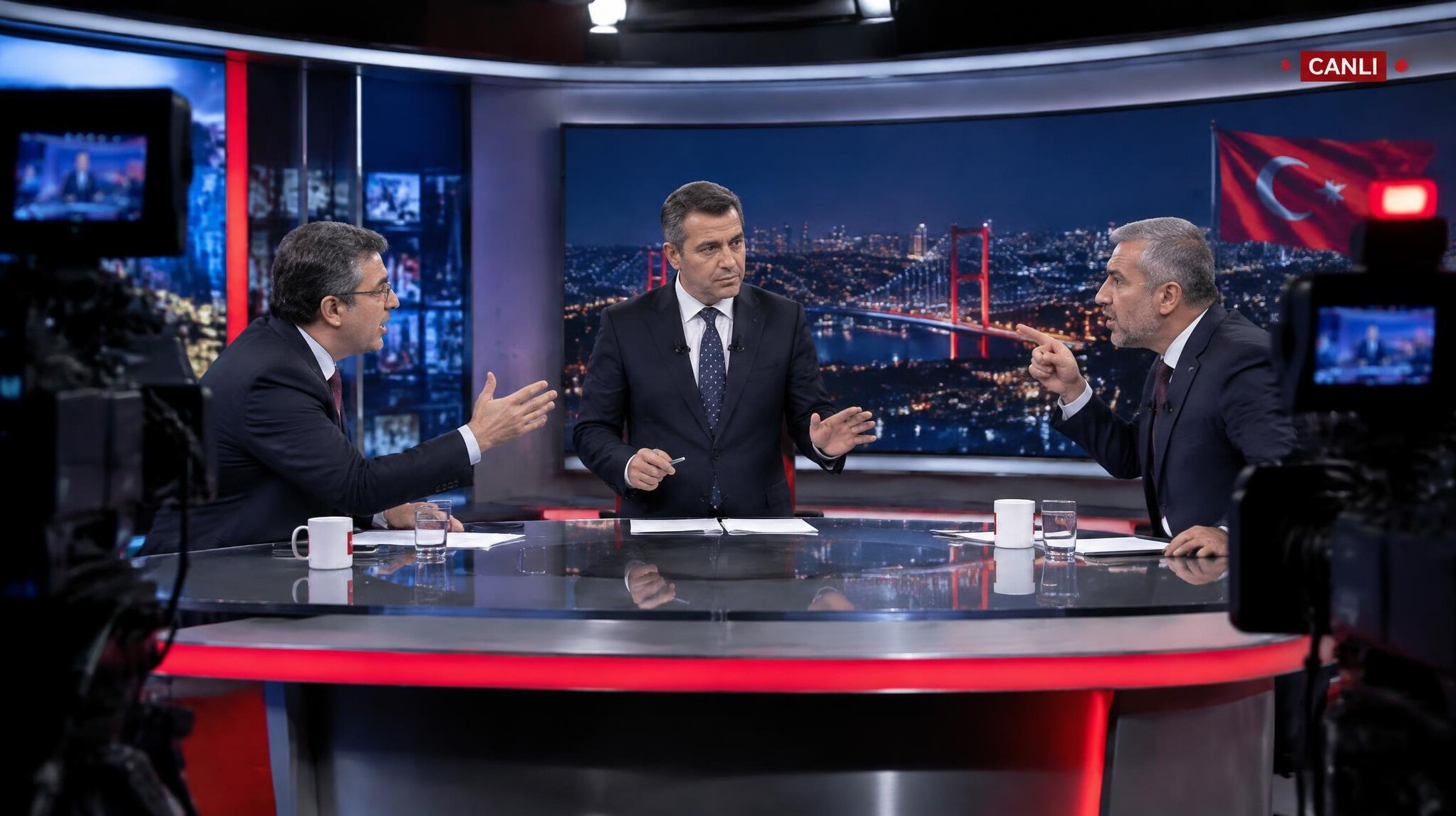 Tense live TV debate with moderator calming two arguing guests in a broadcast studio