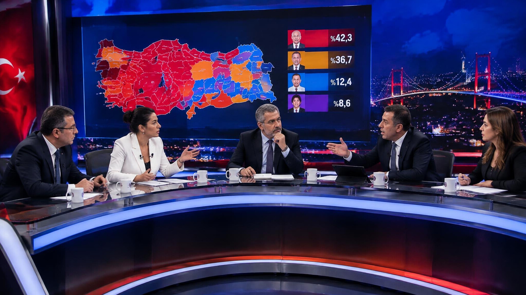 Turkish TV studio on election night with tense panel of political commentators