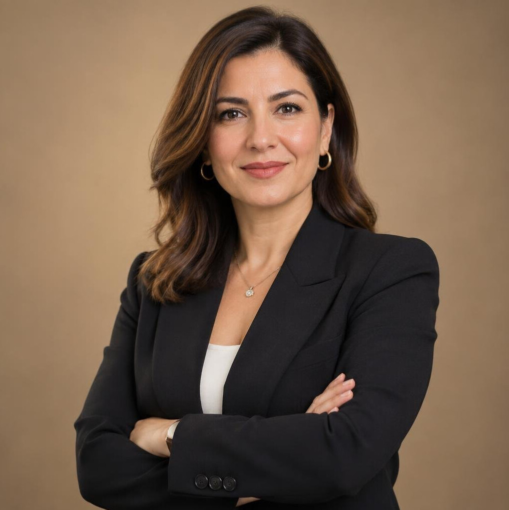 Portrait of a Turkish woman crisis management trainer in a TV studio
