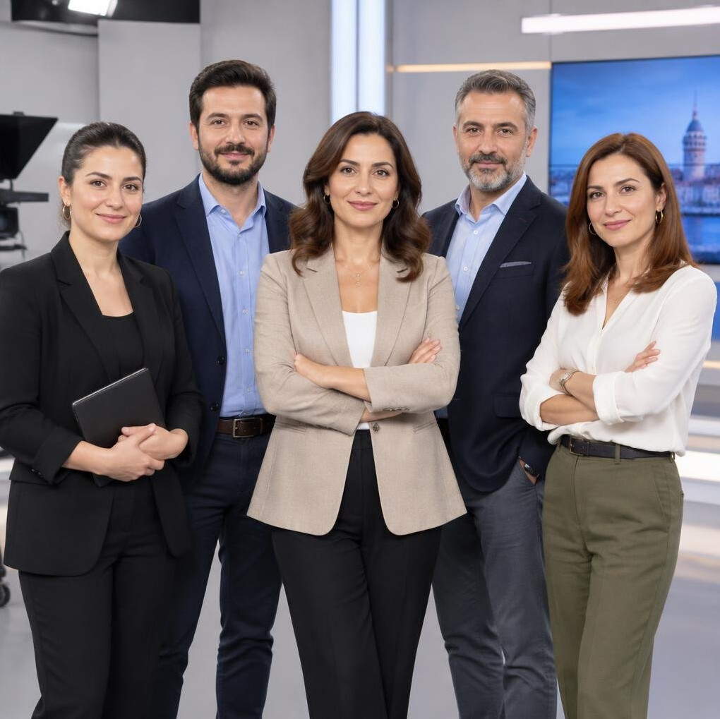 Team of Turkish media crisis consultants standing together in a TV studio